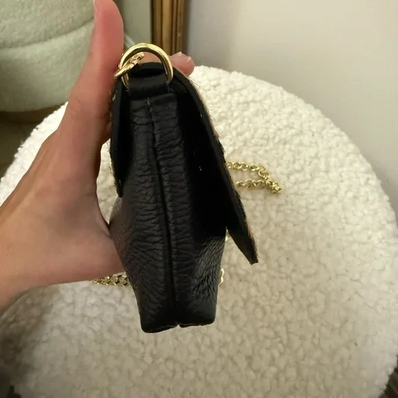 Genuine leather calf hair made in Italy Leopard Print  gold Chain Shoulder Bag - Picture 5 of 10